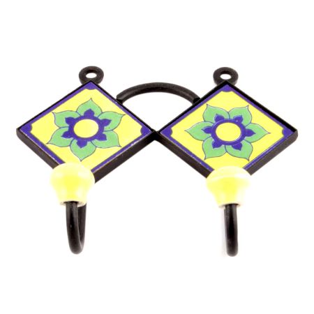 Yellow Navy Blue Flower Tiles Hooks